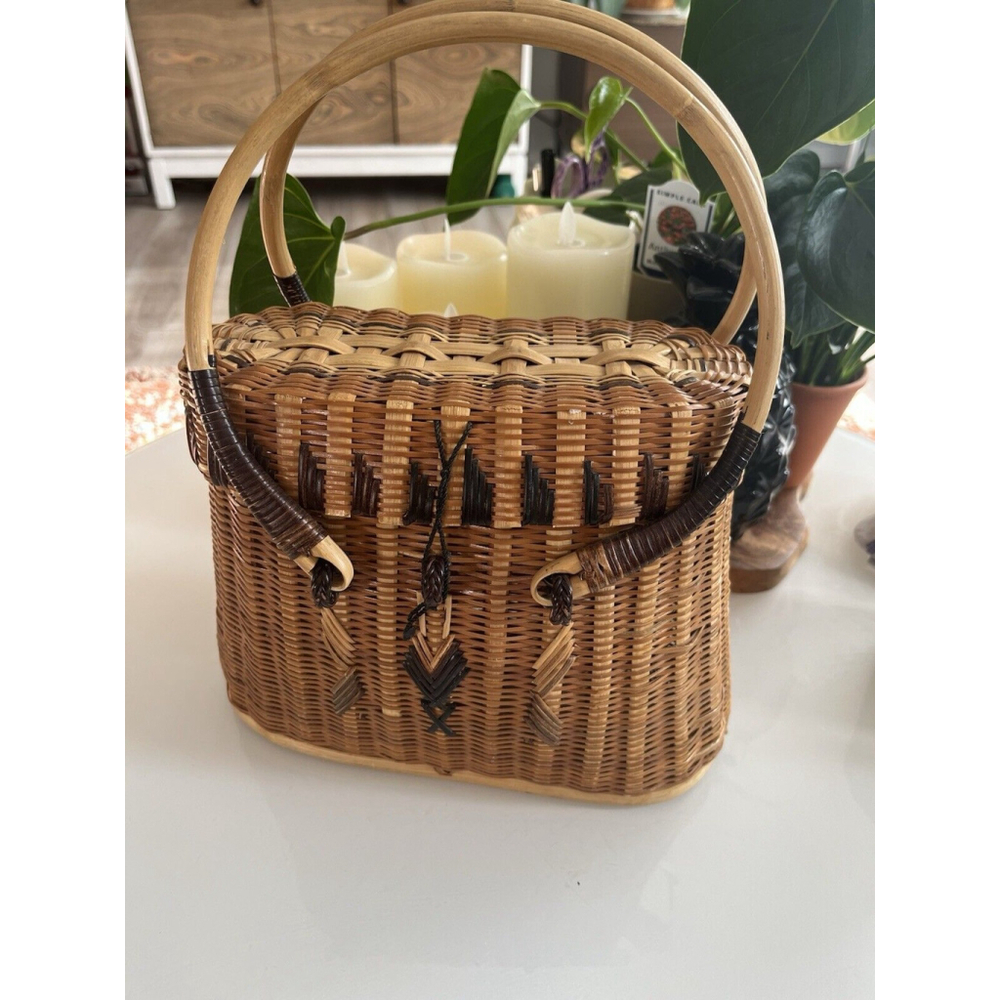 Vintage Woven Wicker Rattan Handbag Purse Bucket Bag Strap Basket Boho - Picture 2 of 9